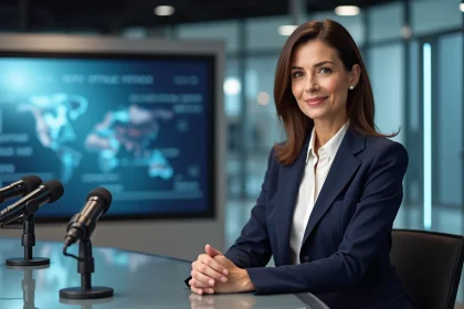 Journaliste femme professionnelle assise au bureau d'un plateau de télévision, symbolisant une présentatrice médiatique influente et son salaire dans les médias