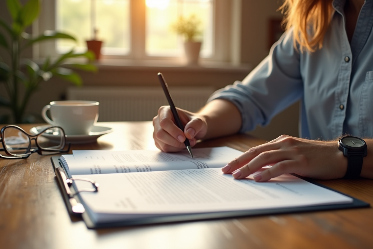Personne lisant un contrat d'assurance à la maison