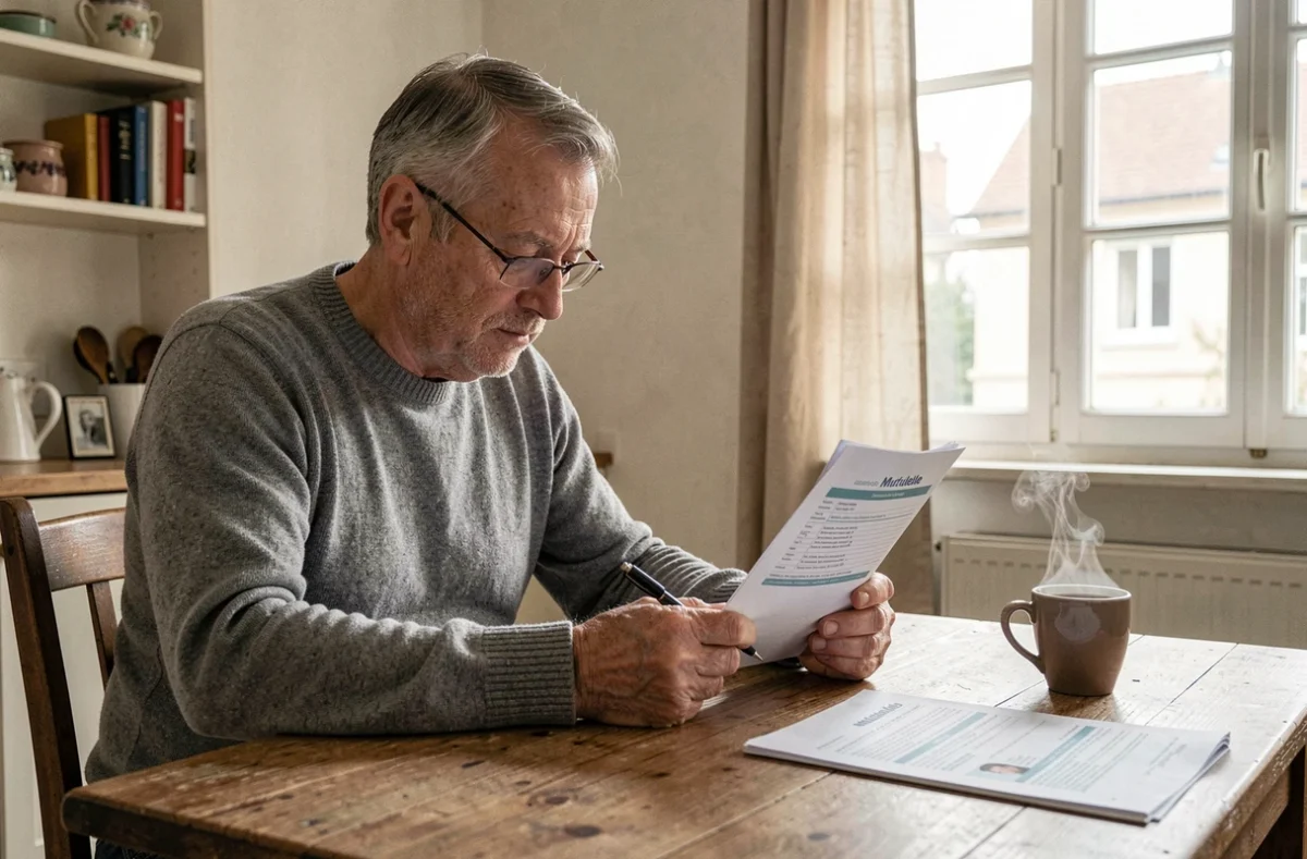 Senior lisant attentivement un contrat de mutuelle santé Harmonie chez lui à Orléans