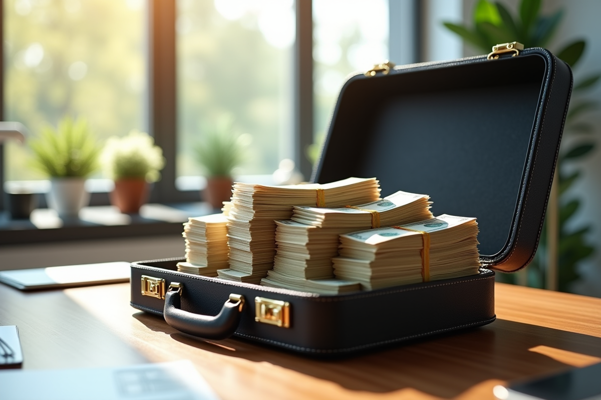Liasse de billets sortant d'une mallette sur un bureau lumineux