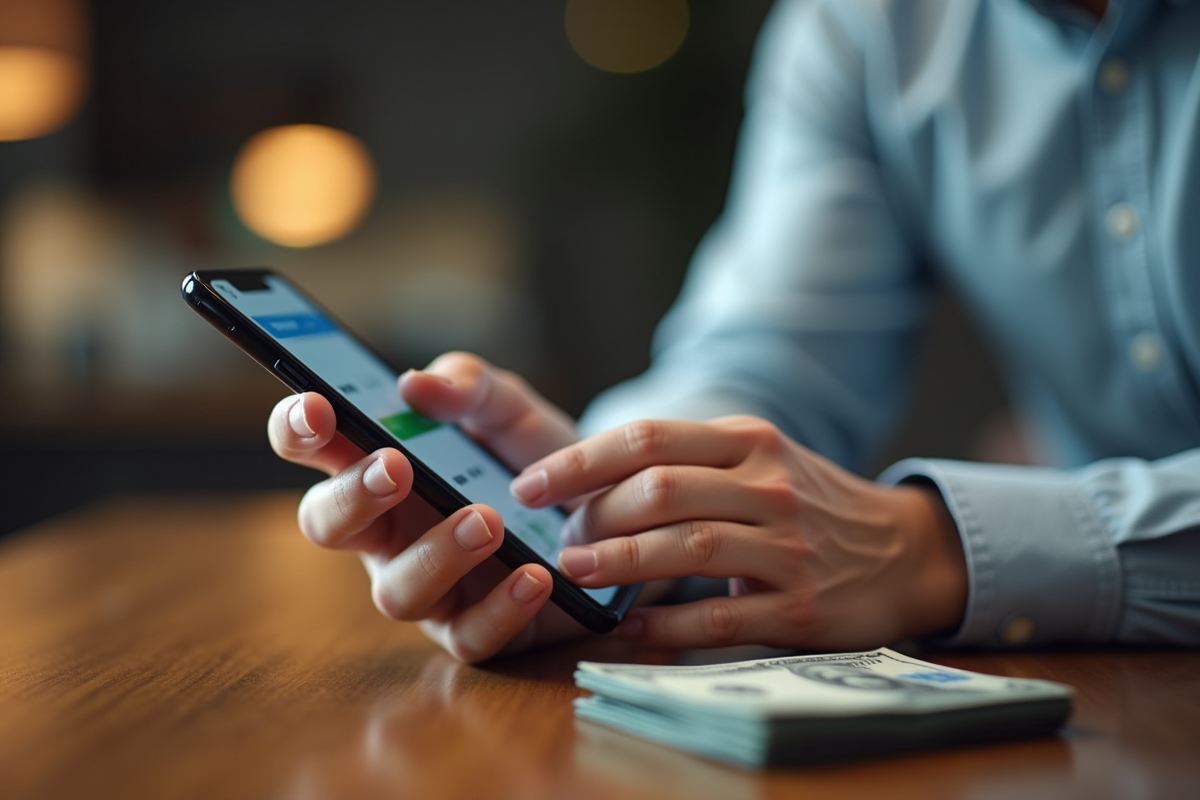 Mains tenant une application bancaire sur un smartphone