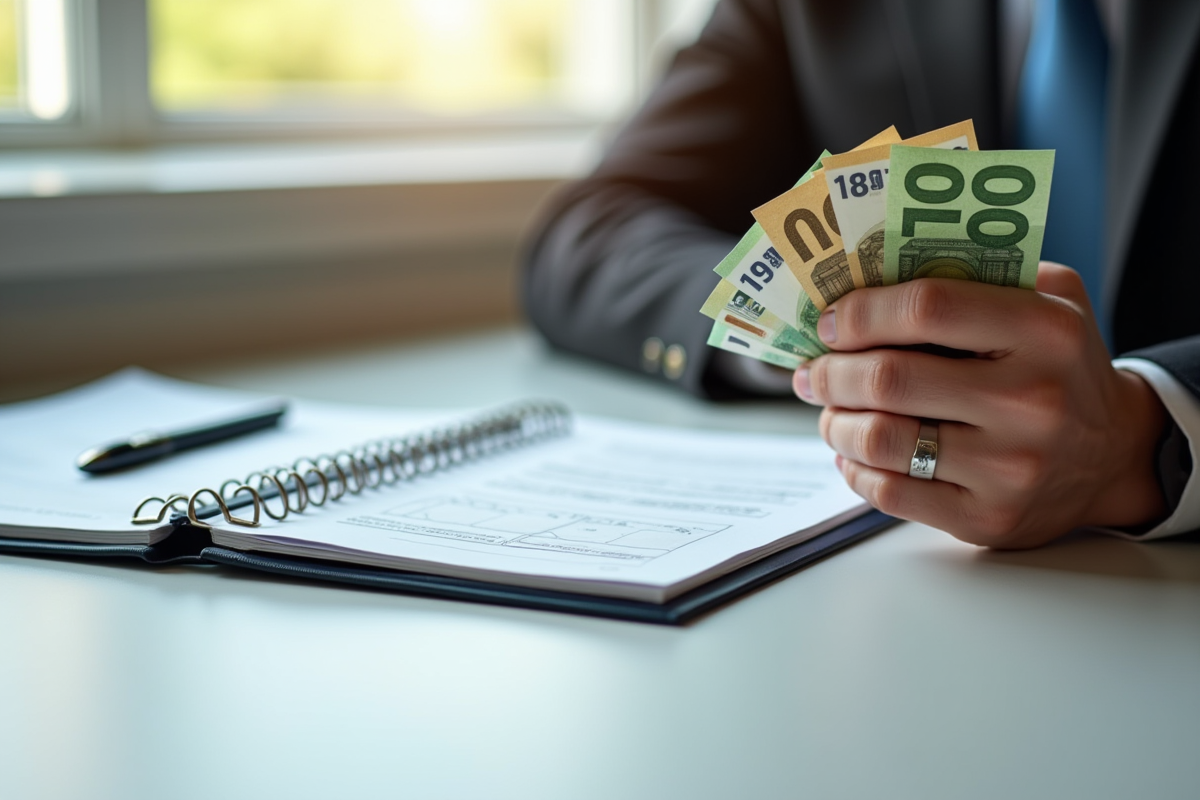 Main adulte tenant des billets d'euros avec dossier financier