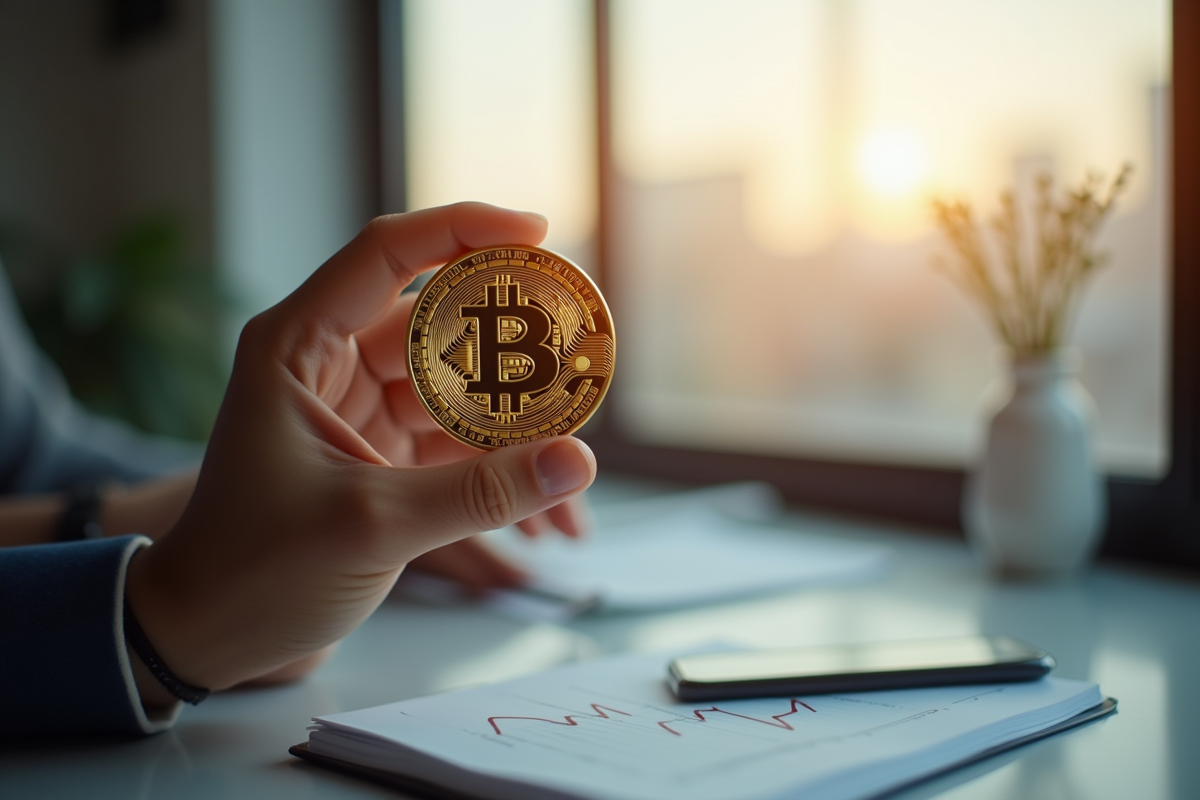 Main dans une main tenant un Bitcoin doré brillant au-dessus d'un graphique en hausse