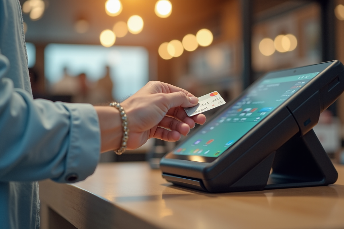 Main tenant une carte bancaire au terminal de paiement