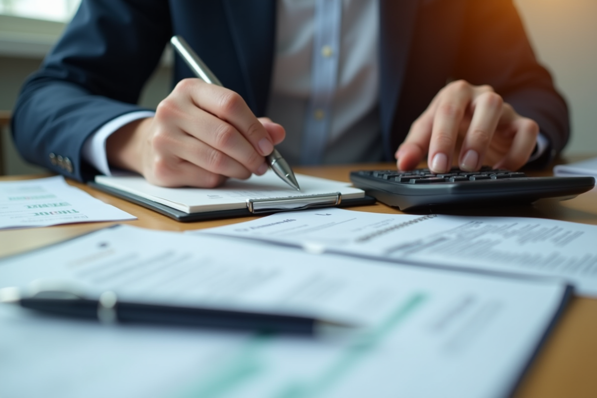 Main d’un comptable utilisant une calculatrice et écrivant des chiffres