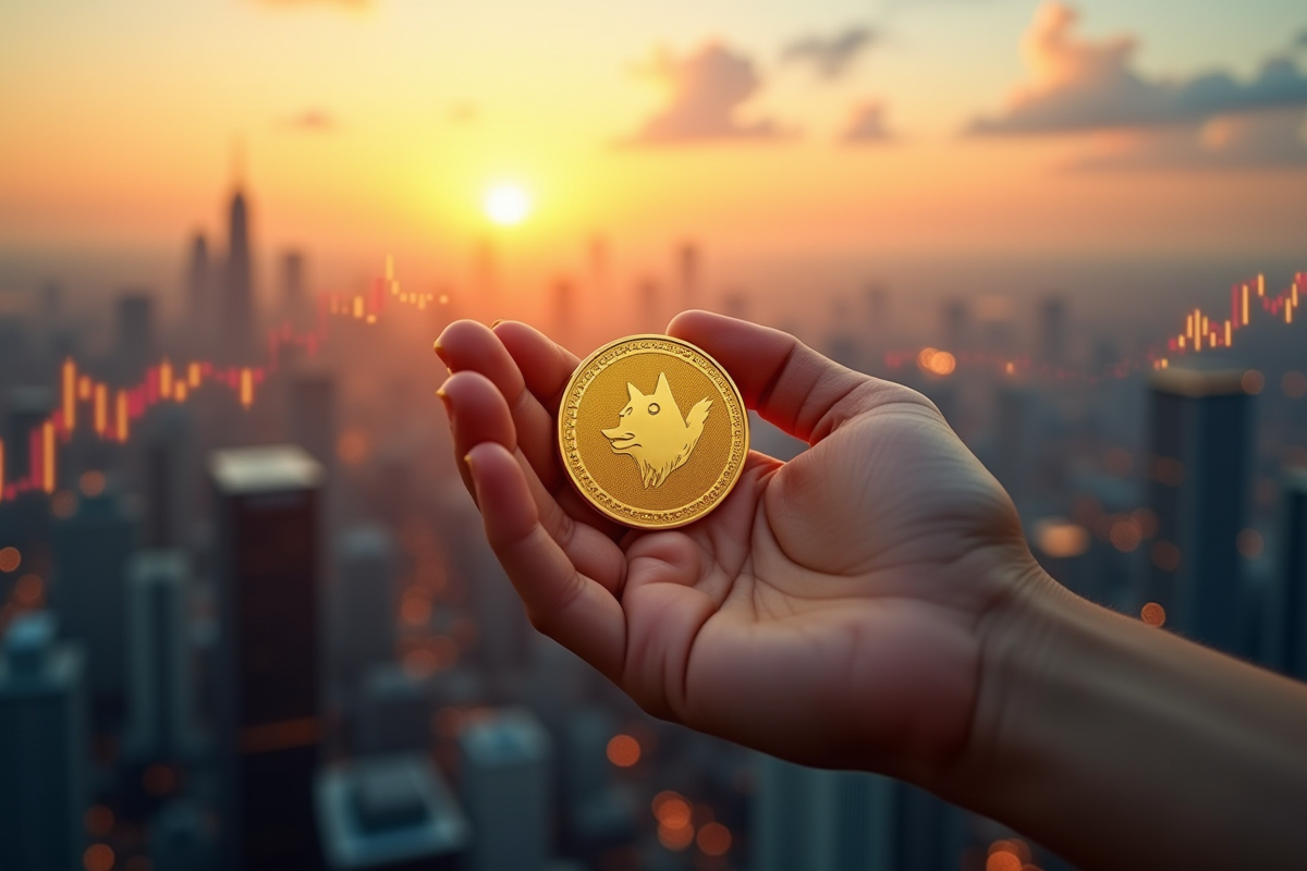 Main tenant un Dogecoin doré au lever du soleil sur une ville futuriste