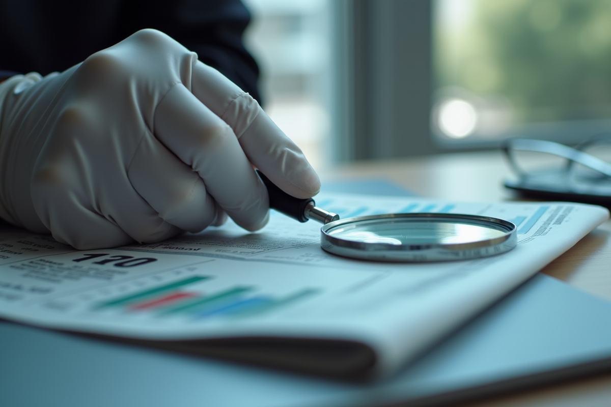 Main tenant une loupe sur un journal financier avec graphiques boursiers