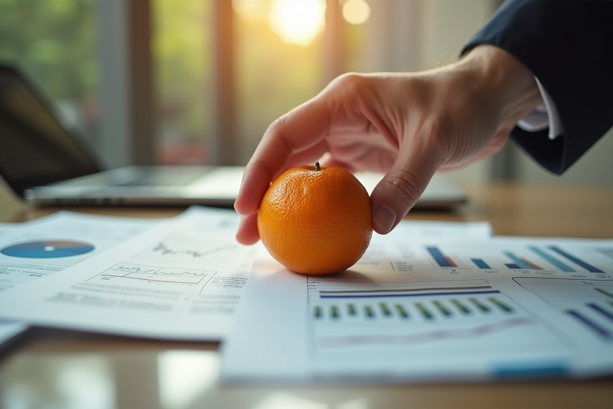 Main posant un fruit orange sur des graphiques financiers