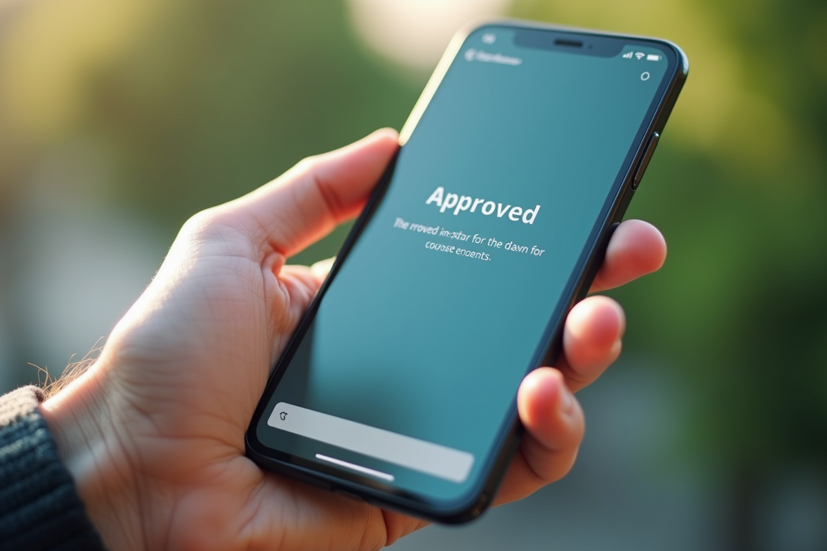 Main tenant un smartphone affichant une confirmation de pret bancaire