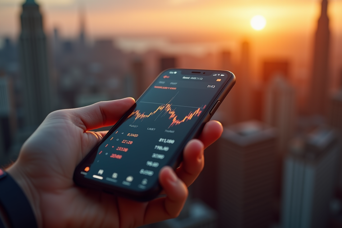 Main tenant un smartphone affichant un graphique bitcoin en ville