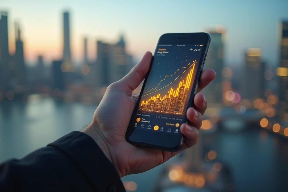 Main tenant un smartphone avec graphique de croissance Dogecoin