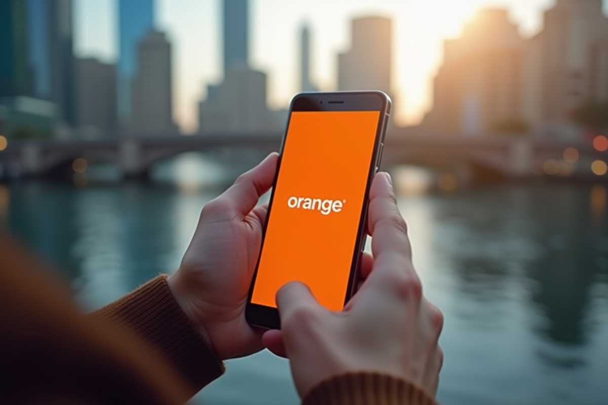 Main tenant un smartphone avec logo Orange en ville