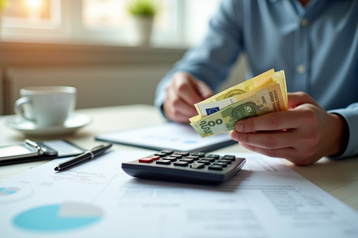 Mains tenant des euros et une calculatrice sur un bureau lumineux