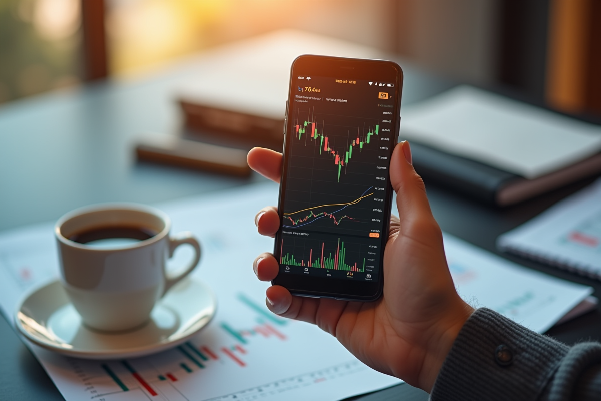 Mains tenant un smartphone avec graphiques de cryptomonnaie et documents