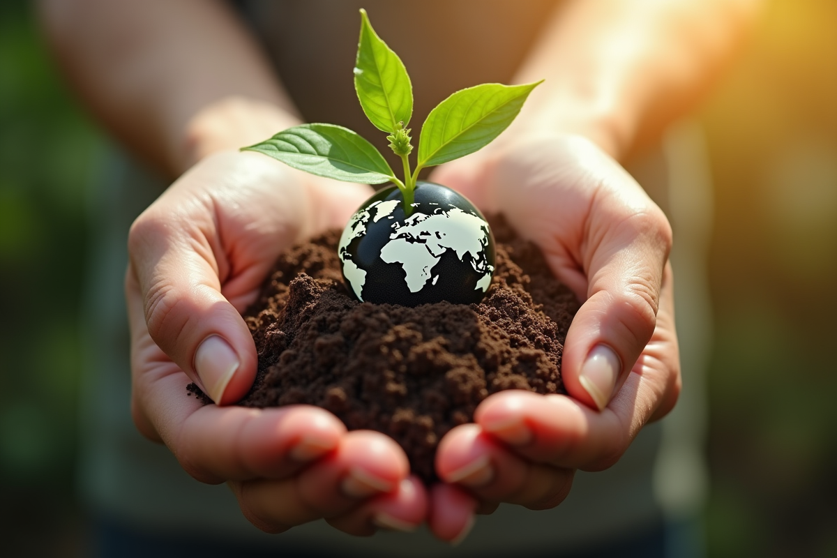 Mains tenant un jeune arbre dans la terre avec un globe en fond
