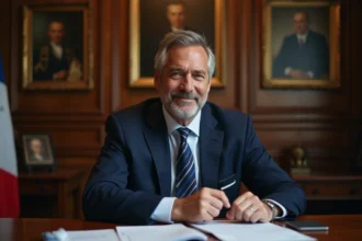 Maire en costume assis à son bureau dans une mairie avec écharpe tricolore et documents officiels