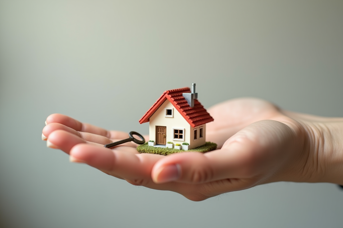 Main tenant une petite maison et une clé symbolique en lumière naturelle