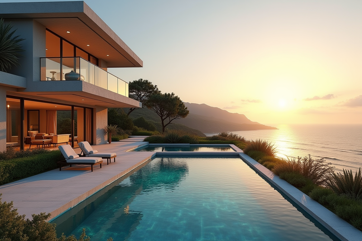 Villa de luxe avec vue sur la mer au lever du soleil
