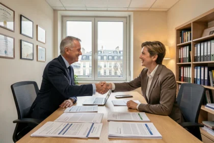 Courtier en assurance dans le Val-de-Marne accueillant un client dans un bureau professionnel moderne