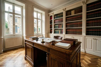 Bureau notarial classique en Bretagne avec documents juridiques, parquet et bibliothèques de droit, illustrant le thème des meilleurs notaires en Ille-et-Vilaine