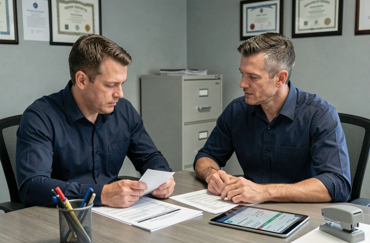 Micro-entrepreneur discutant de sa fiscalité Trade Republic avec un conseiller fiscal dans un bureau professionnel