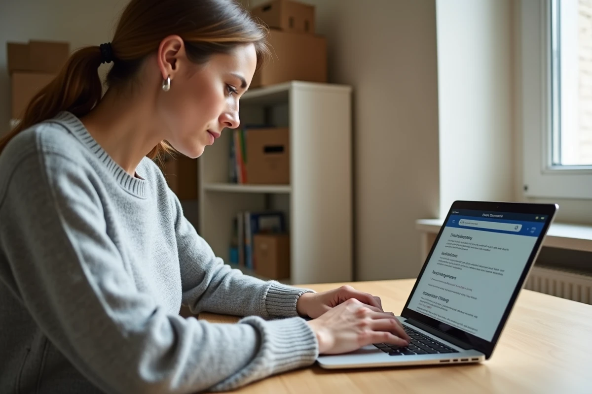 Femme mettant à jour son RIB sur le site France Travail depuis son domicile après un déménagement