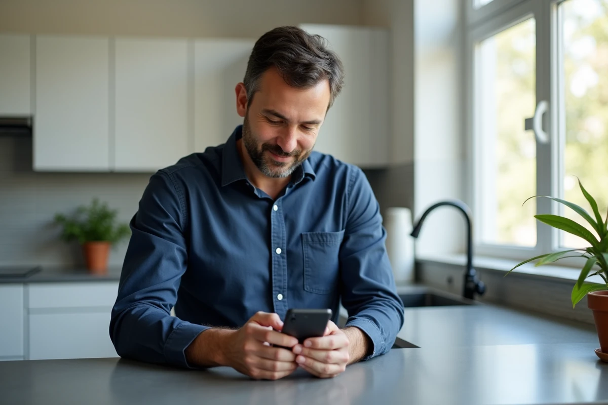 Homme consultant et modifiant les plafonds de sa carte bancaire Société Générale depuis une application mobile dans une cuisine moderne