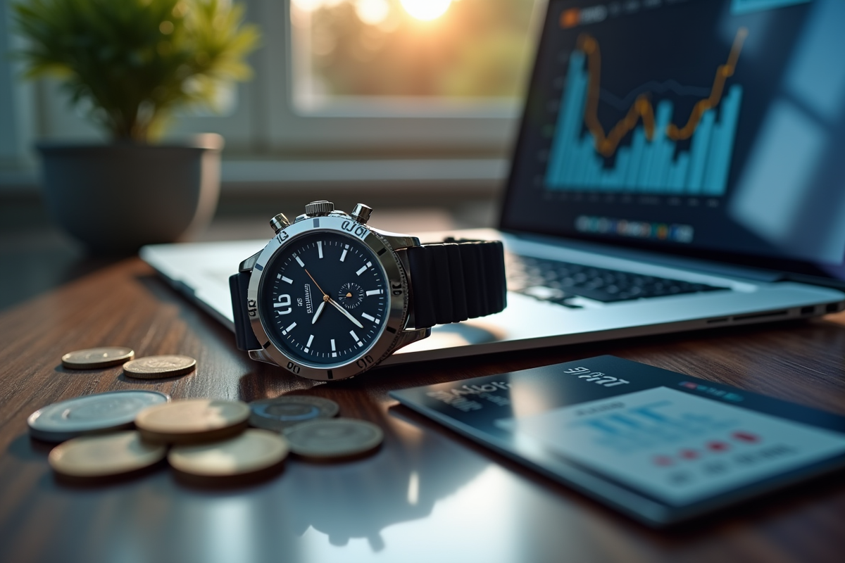 Gros plan sur une montre-bracelet avec un ordinateur portable affichant un tableau de bord bancaire numérique