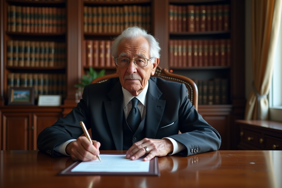 Notaire âgé lisant une lettre dans un bureau traditionnel