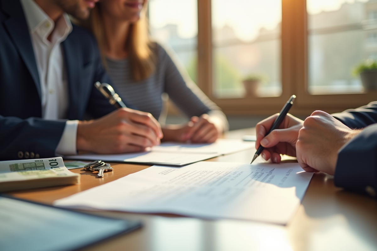 Notaire signant des documents avec un couple dans un bureau lumineux
