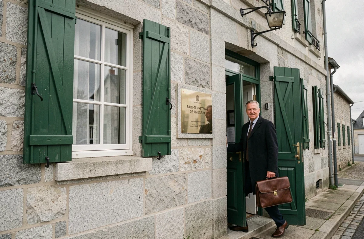 Façade de l'Office Notarial Le Bras Gautier Henry à Bain-de-Bretagne, maison bretonne en granit avec un notaire sortant avec une mallette