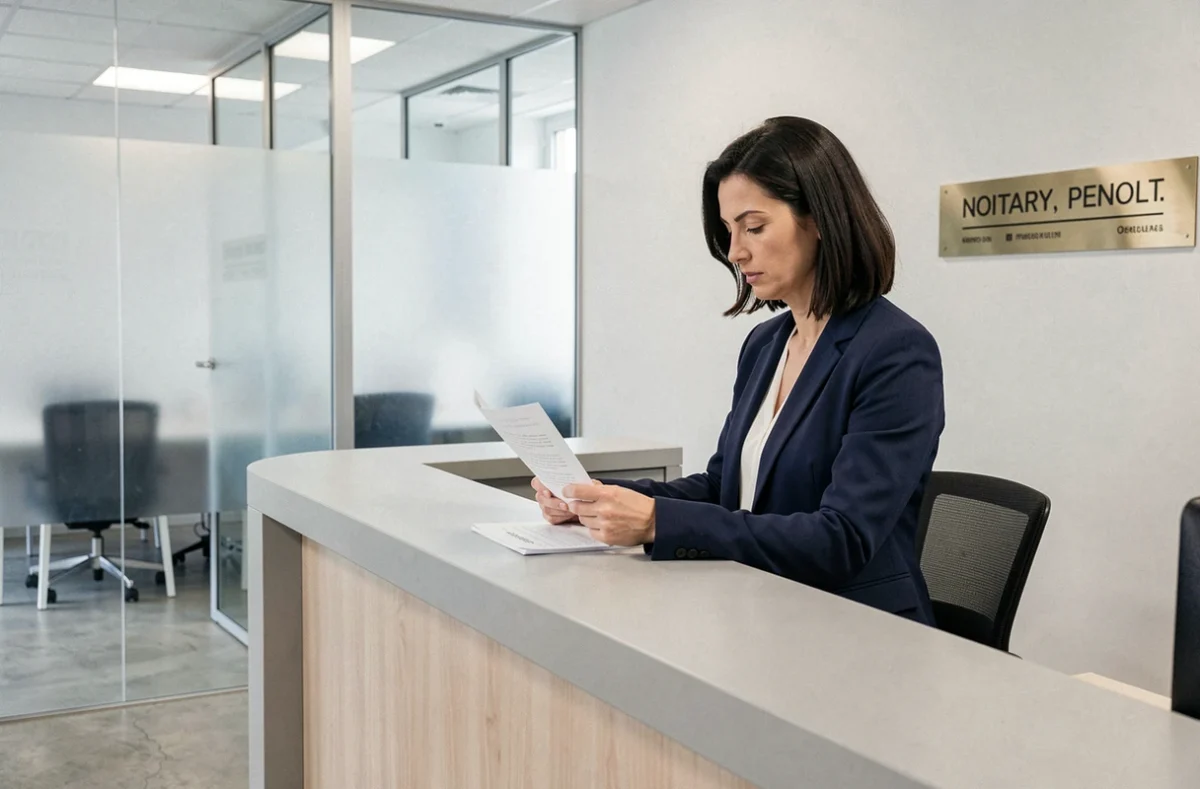 Réception de l'office notarial Maudet-Varin-Cléro à Rennes avec une notaire en blazer marine consultant des documents juridiques