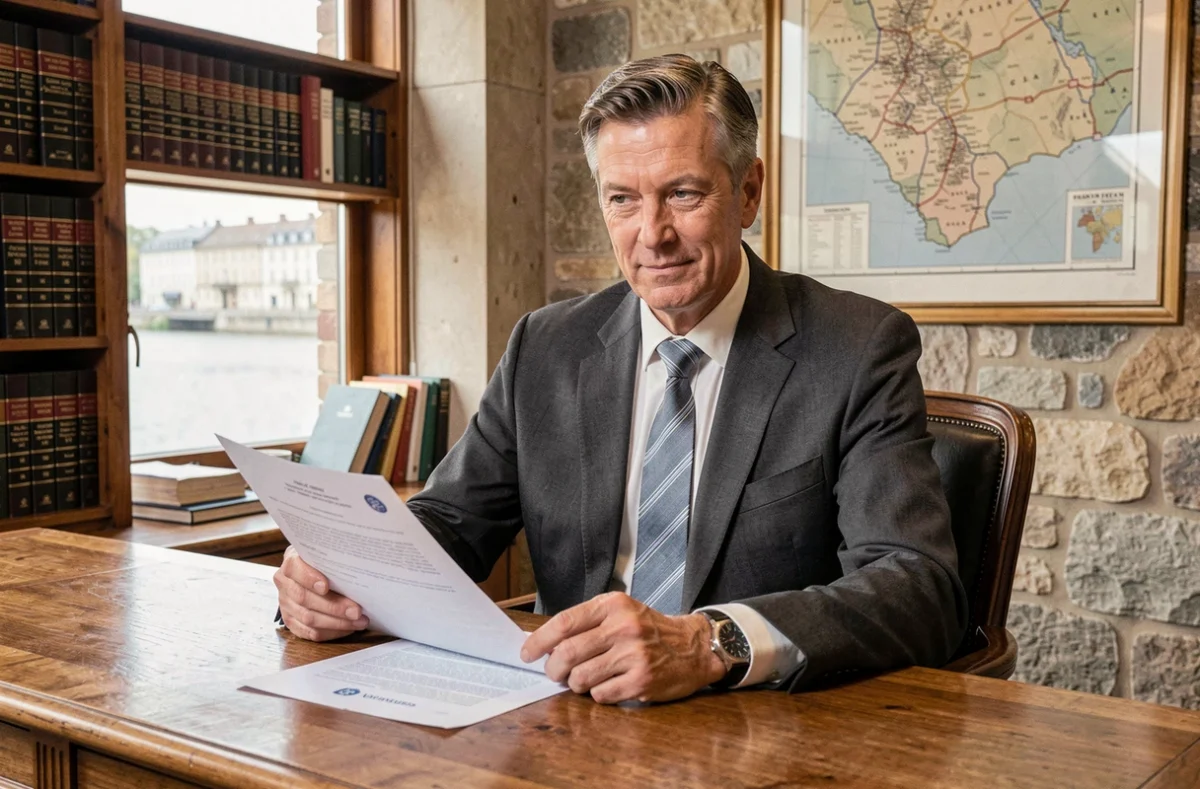 Notaire Thomas Merten de l'Office Notarial Redon République en costume gris assis à son bureau, consultant un contrat juridique