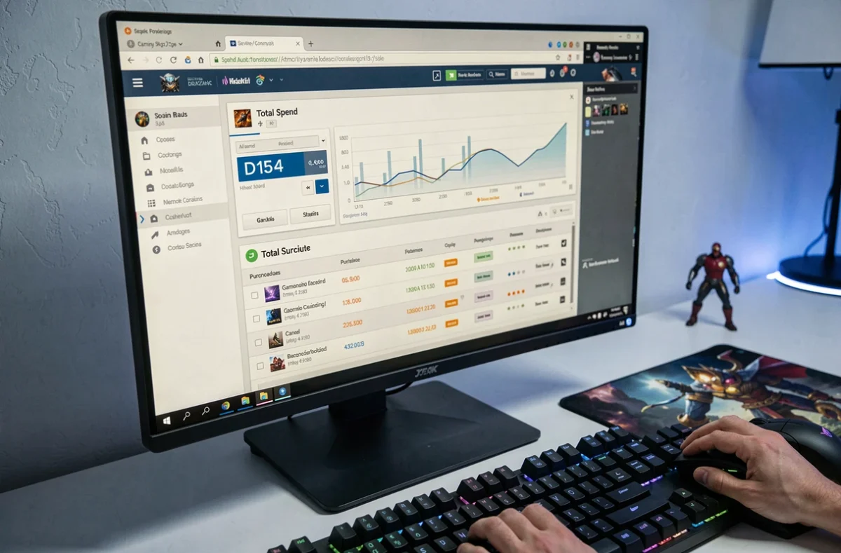 Écran d'ordinateur affichant un outil de suivi des dépenses League of Legends avec graphiques et historique d'achats