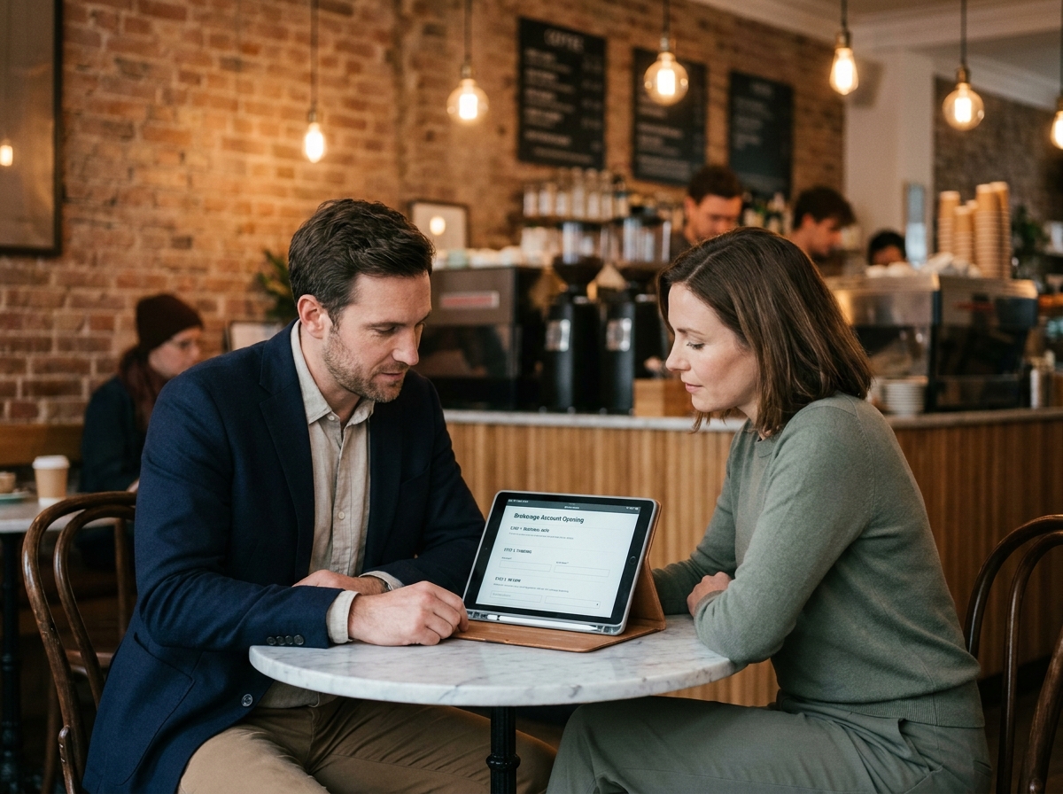 Deux personnes dans un café consultant un formulaire d'ouverture de compte boursier sur tablette