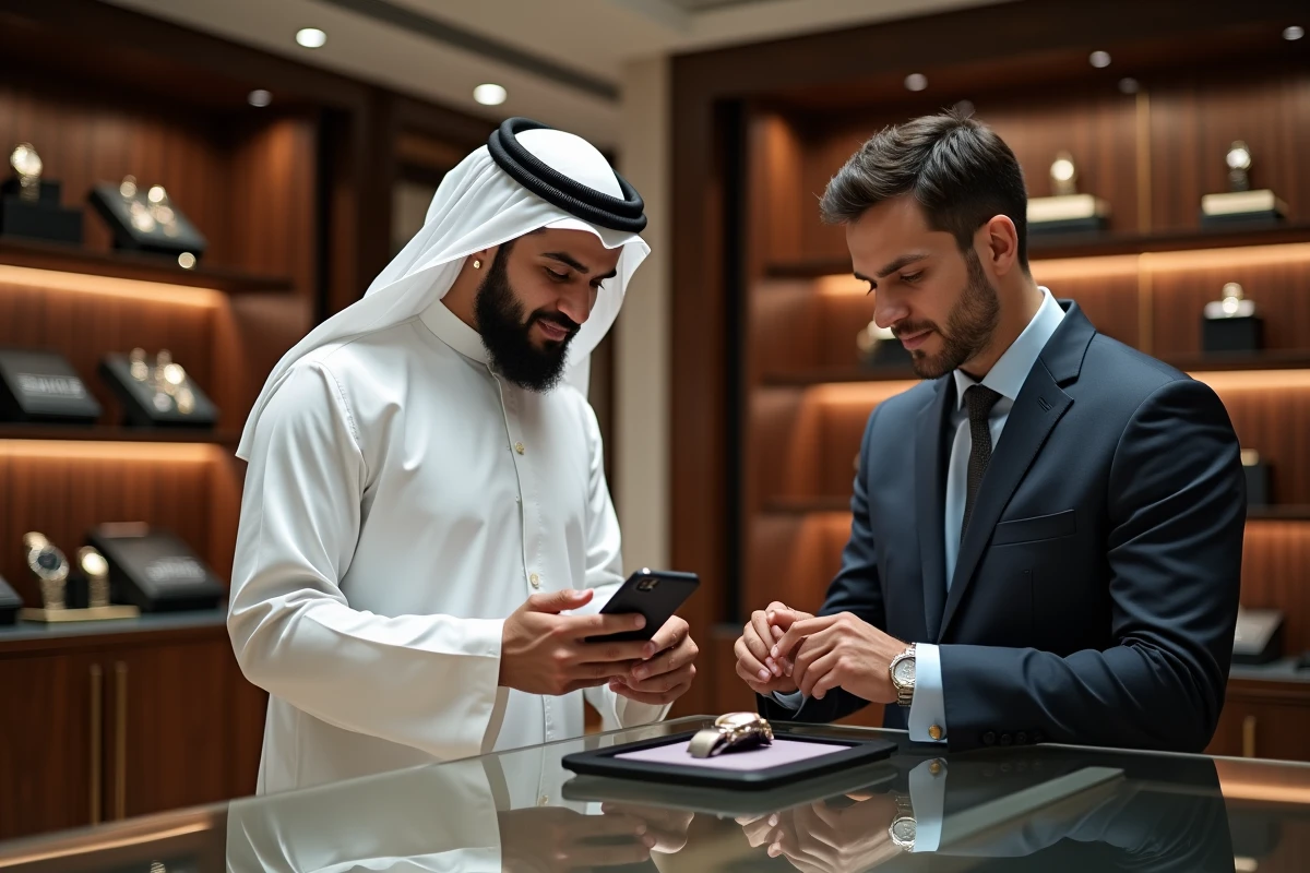 Homme en kandura effectuant un paiement mobile pour une montre de luxe dans une boutique de Dubaï