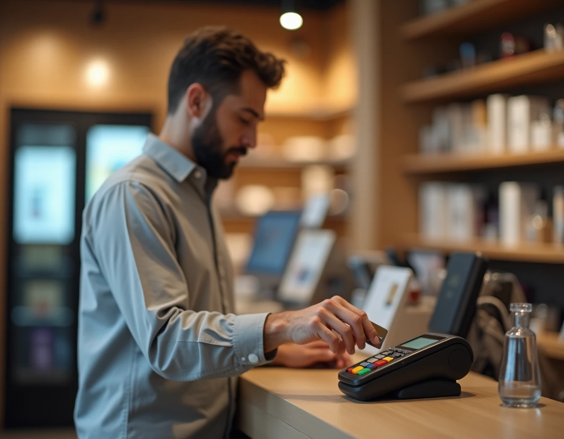 Homme effectuant un paiement sans contact avec une carte bancaire dans un commerce en France