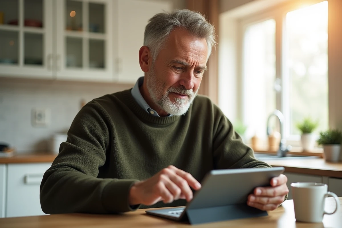 Homme utilisant une tablette pour paramétrer un virement en ligne depuis sa cuisine