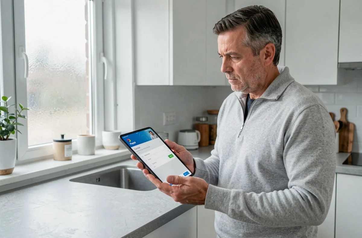 Homme consultant les paramètres de compte bancaire PayPal sur une tablette dans une cuisine moderne avant un transfert