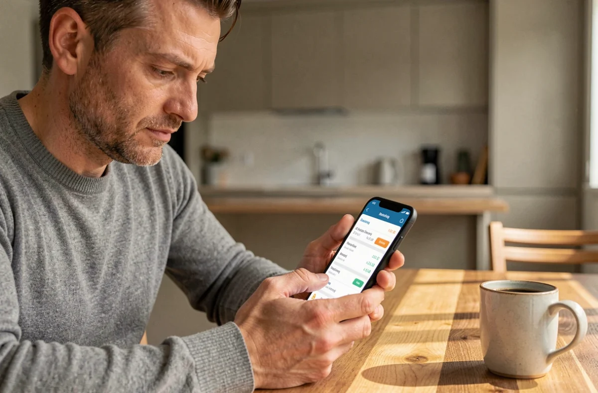 Particulier consultant l'application de gestion de budget du Crédit Agricole Côtes d'Armor sur smartphone depuis son domicile