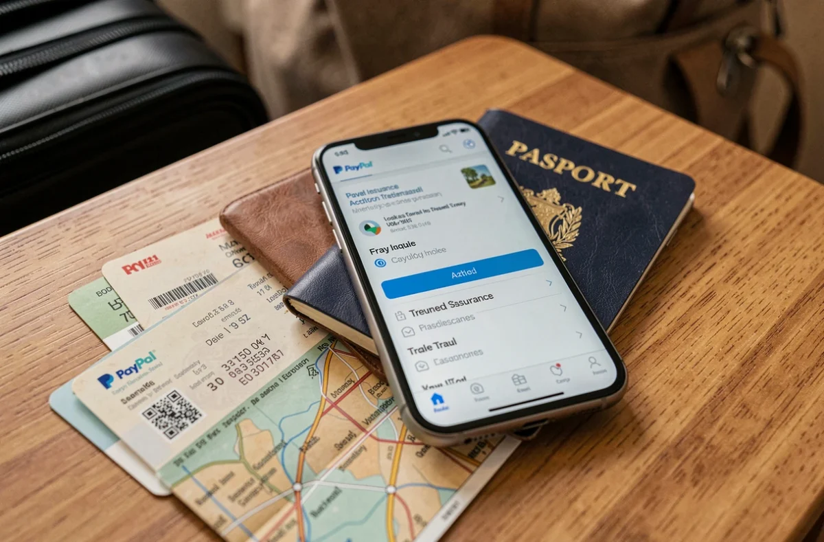 Smartphone affichant PayPal avec assurance voyage posé sur un passeport et une carte d'embarquement