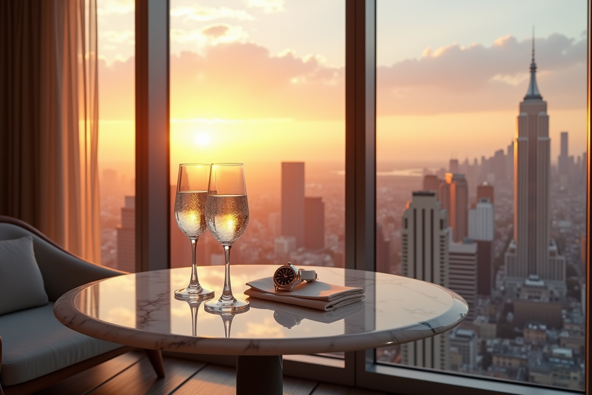 Balcon d un penthouse avec vue sur la ville et accessoires de luxe