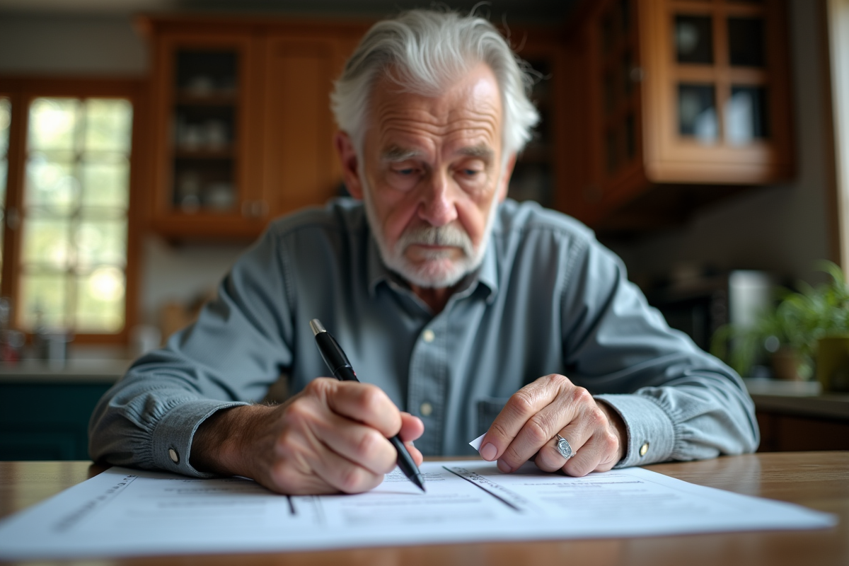 Personne agee lisant tranquillement des documents