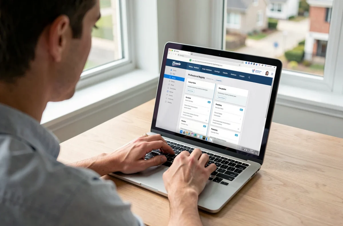 Personne consultant un registre de professionnels sur un ordinateur portable