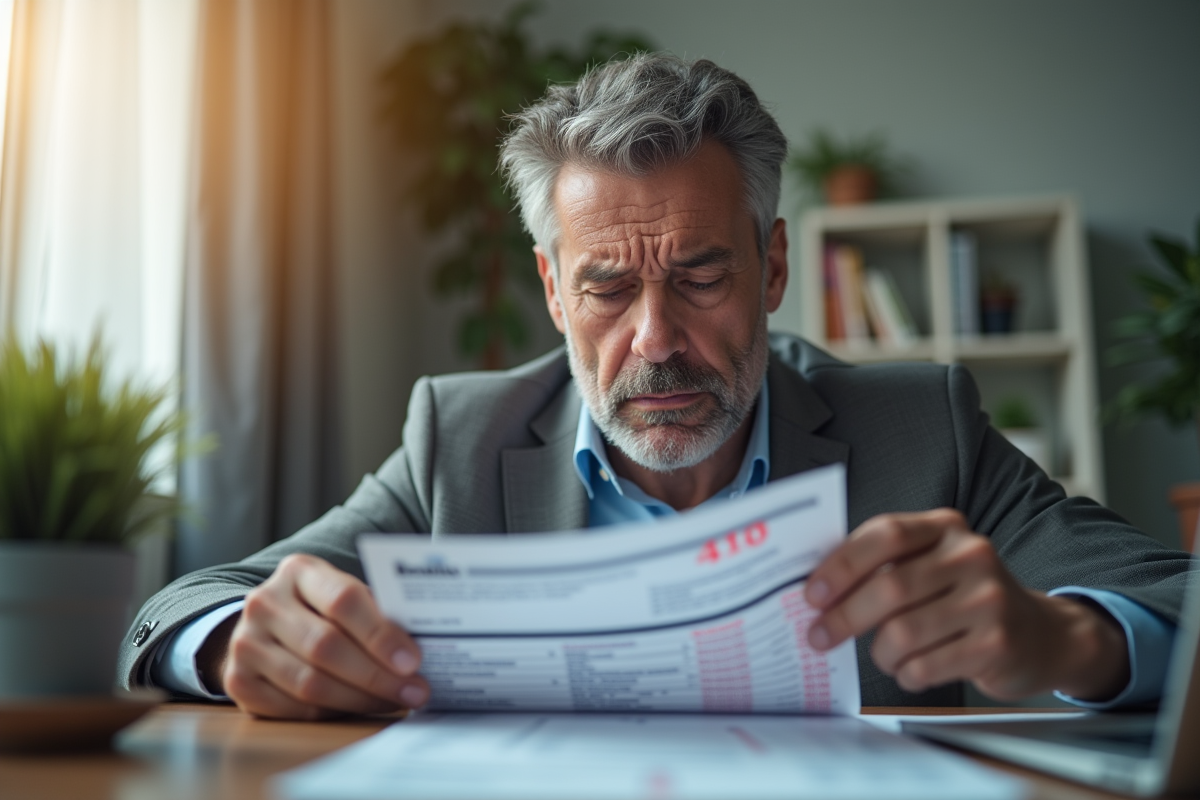 Personne inquiète regardant un relevé bancaire avec chiffres rouges