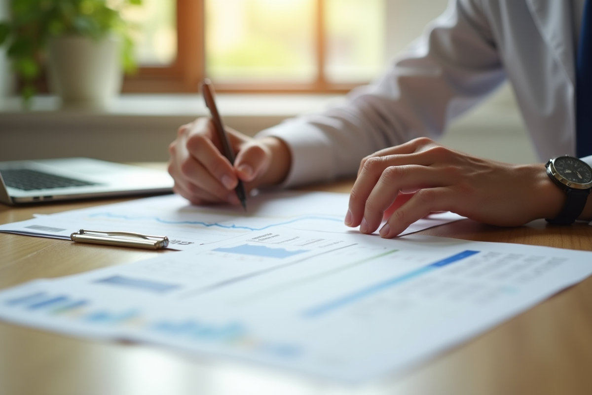 Personne examinant des documents financiers à une table