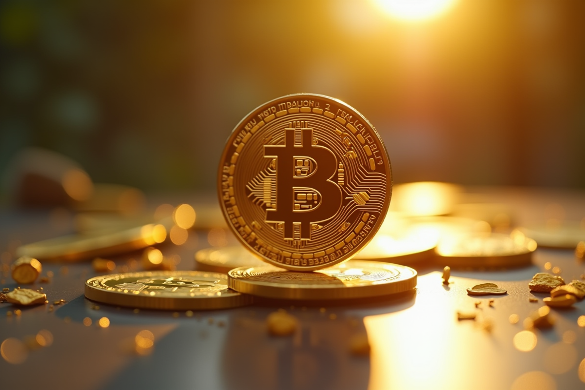 Pièce de Bitcoin brillante sur surface réfléchissante avec or autour