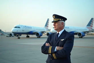 Pilote d'avion professionnel sur le tarmac avec avions modernes