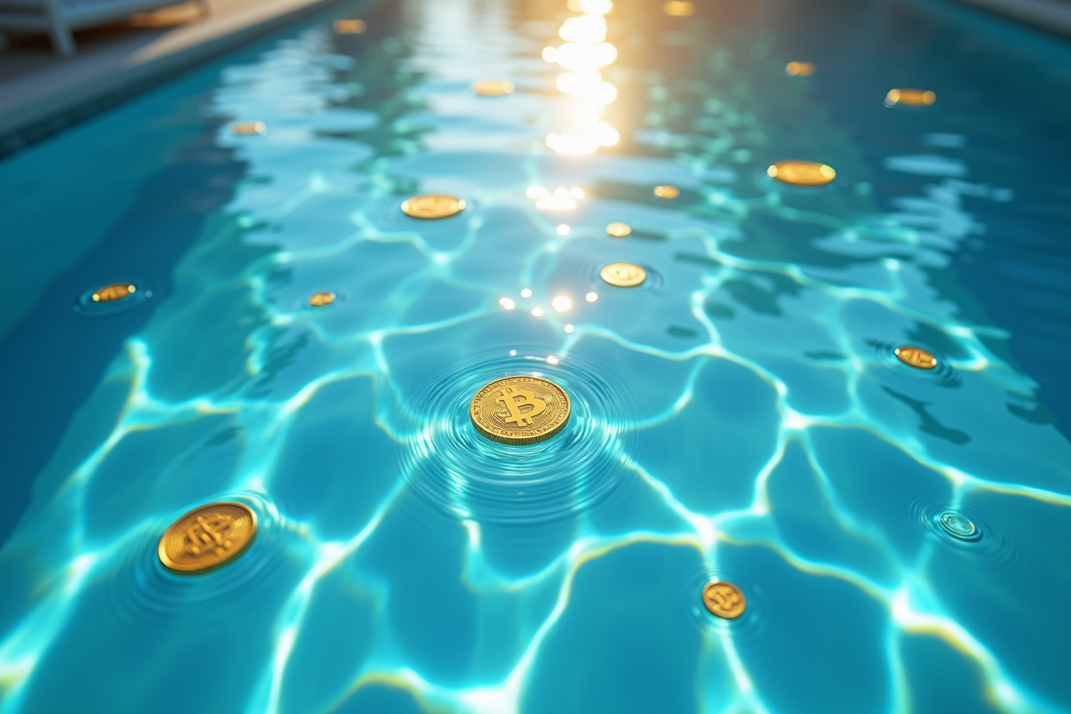 Vue plongeante sur piscine avec pièces d or et symboles numériques