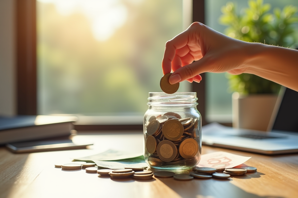 Pot de coins et billets euros sur une table en bois